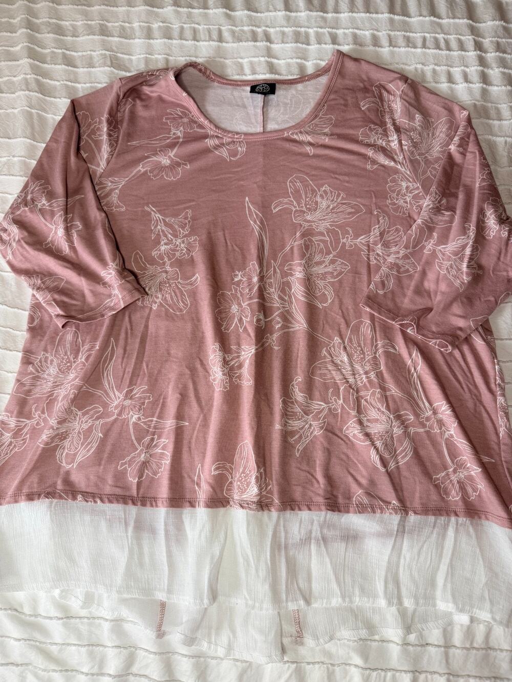 Bobeau Women’s 3X Dusty Rose Floral Layered Tunic Top Button Back High Low